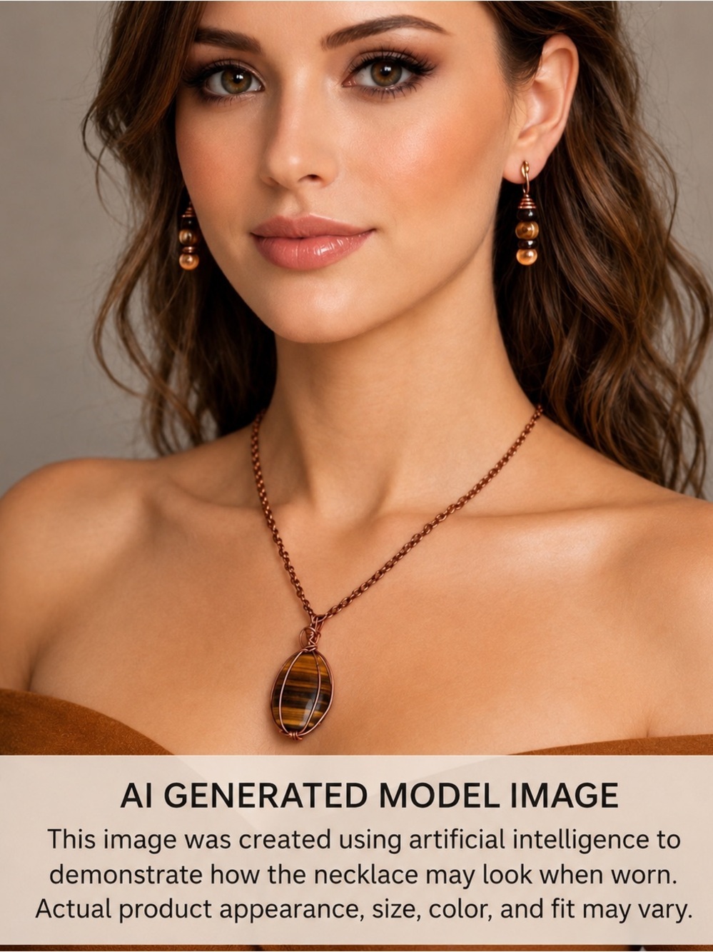 Tigers eye Necklace Pendant Oval Cabochon Copper Wire Wrap 20" - 1 1/4-1 3/4